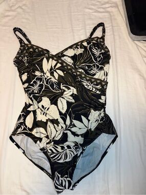 Miraclesuit Black & White Floral Wrap One-Piece Swimsuit
